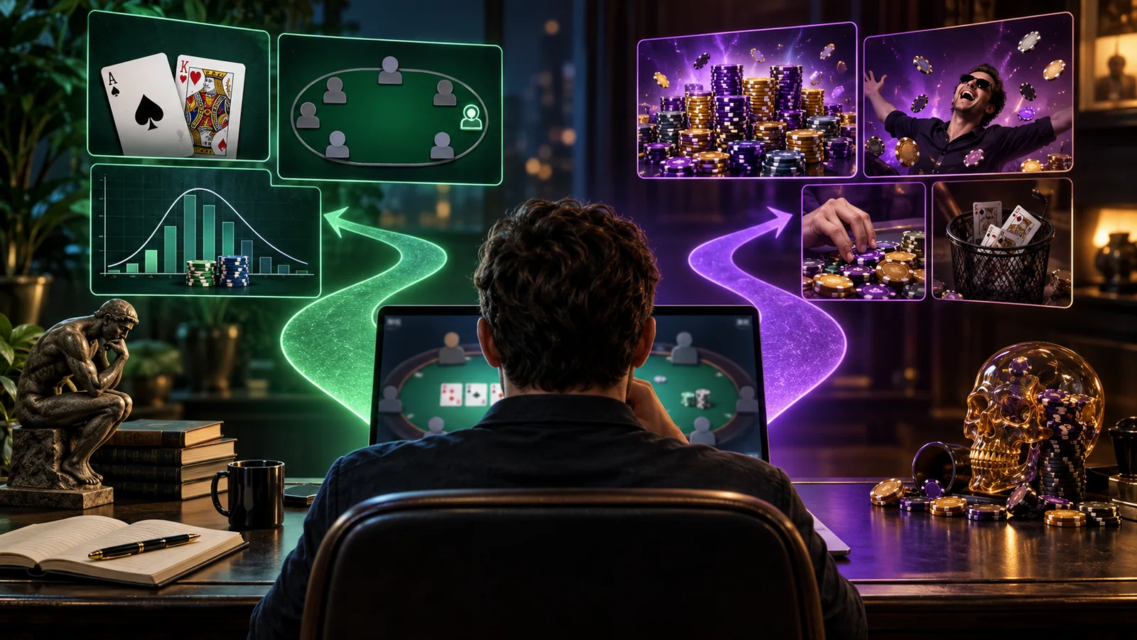 Poker player compares transferable fundamentals with distorted unlimited-chip behavior