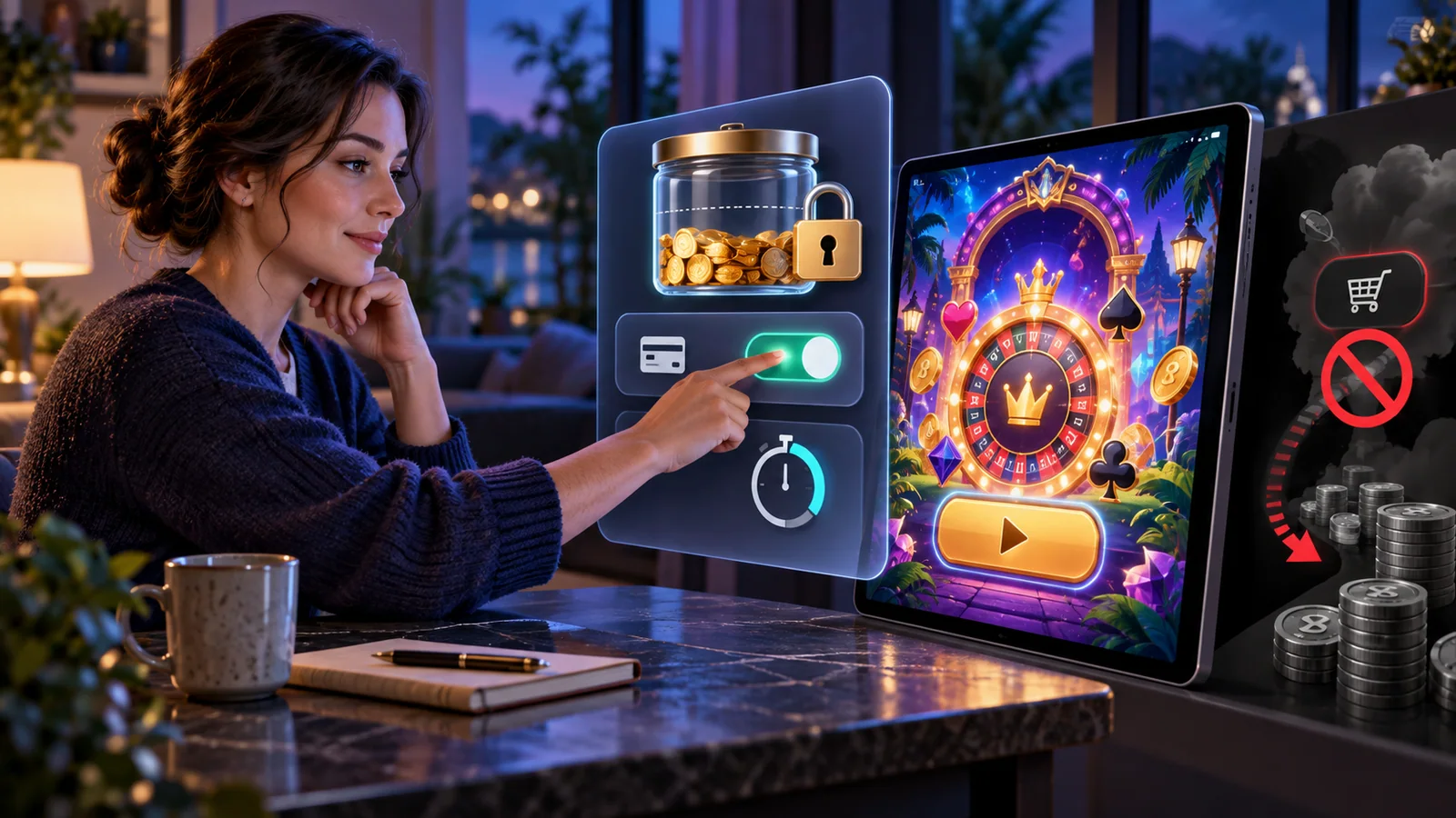 Player sets a locked virtual-token budget and session controls before opening a social casino game