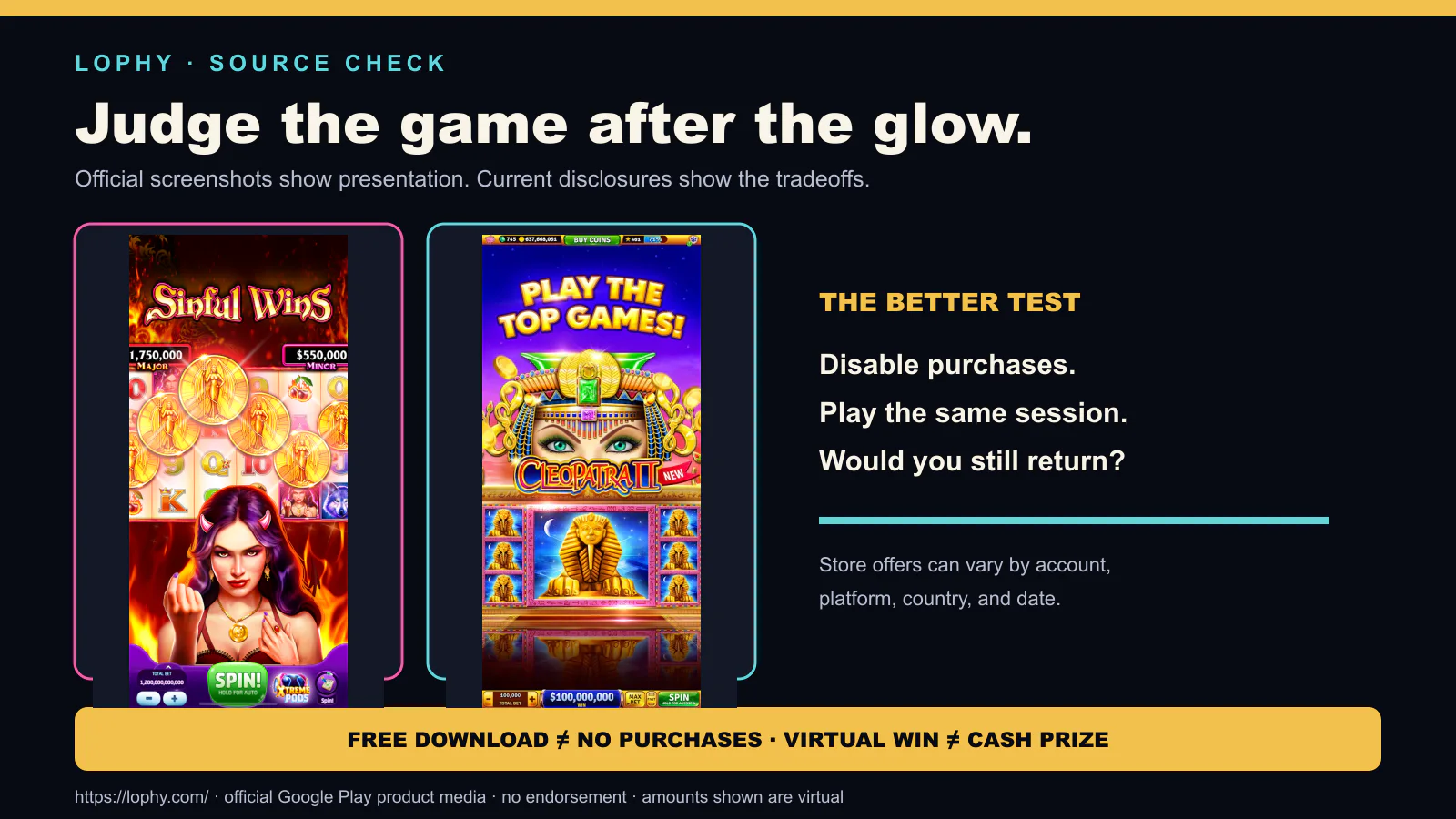 Official Slotomania and House of Fun Google Play screenshots beside a purchase-disabled comparison test